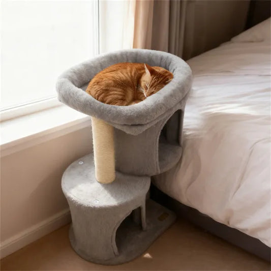 Luxury small cat tree tower featuring a soft fleece lounger bed and natural sisal rope columns