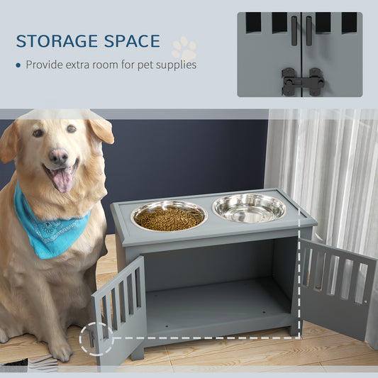 Indoor wooden pet crate end table featuring rust-free dishwasher safe dog bowls