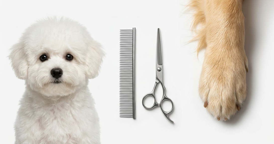 Bichon dog with grooming tools - pet grooming tips by Pawkoi