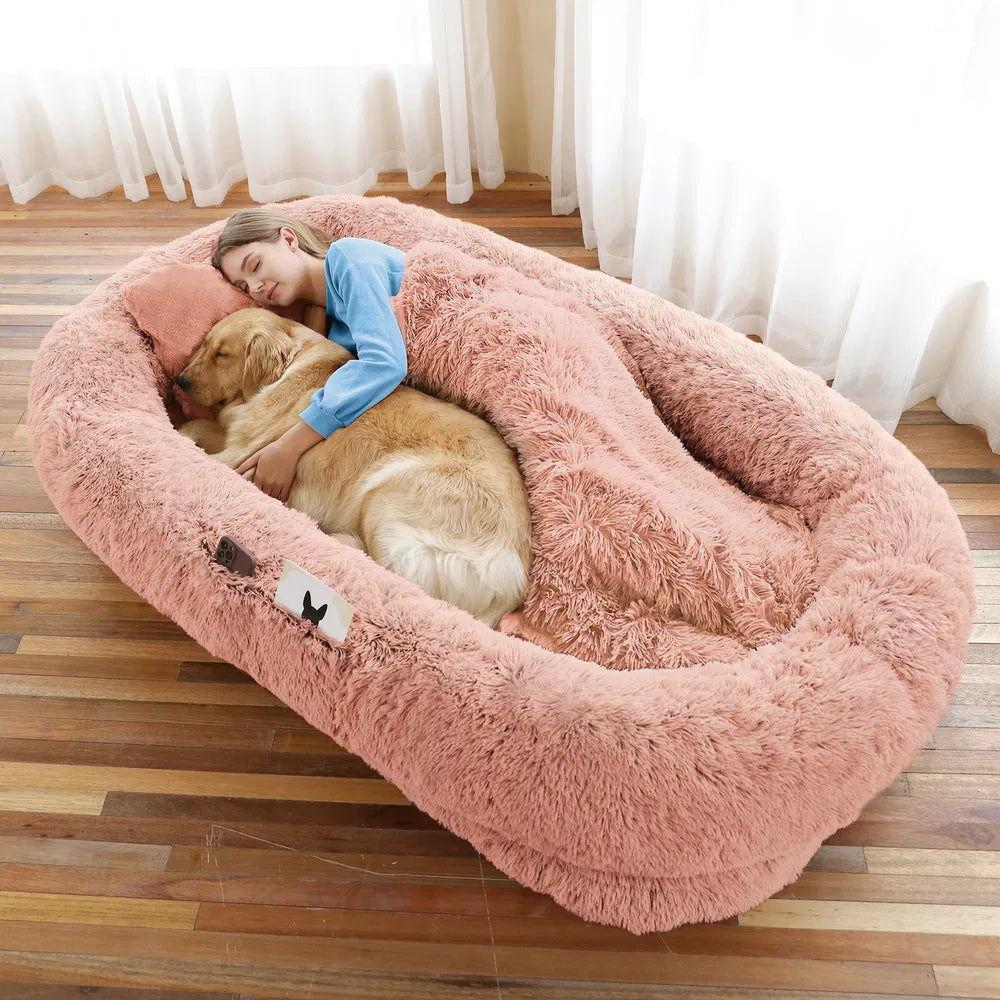 Cream white fluffy human sized dog bed with premium faux fur texture for USA market