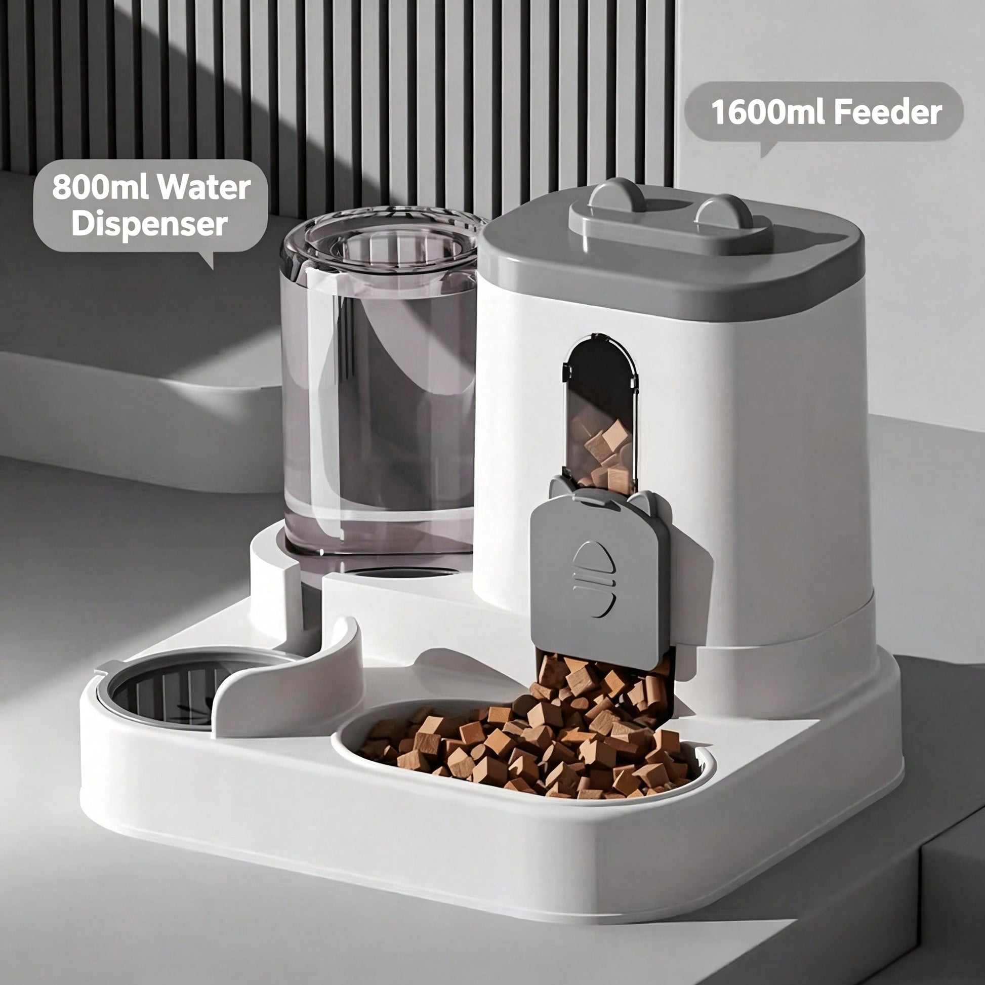 Automatic pet feeder and water dispenser combo with dimensions and capacity specifications.