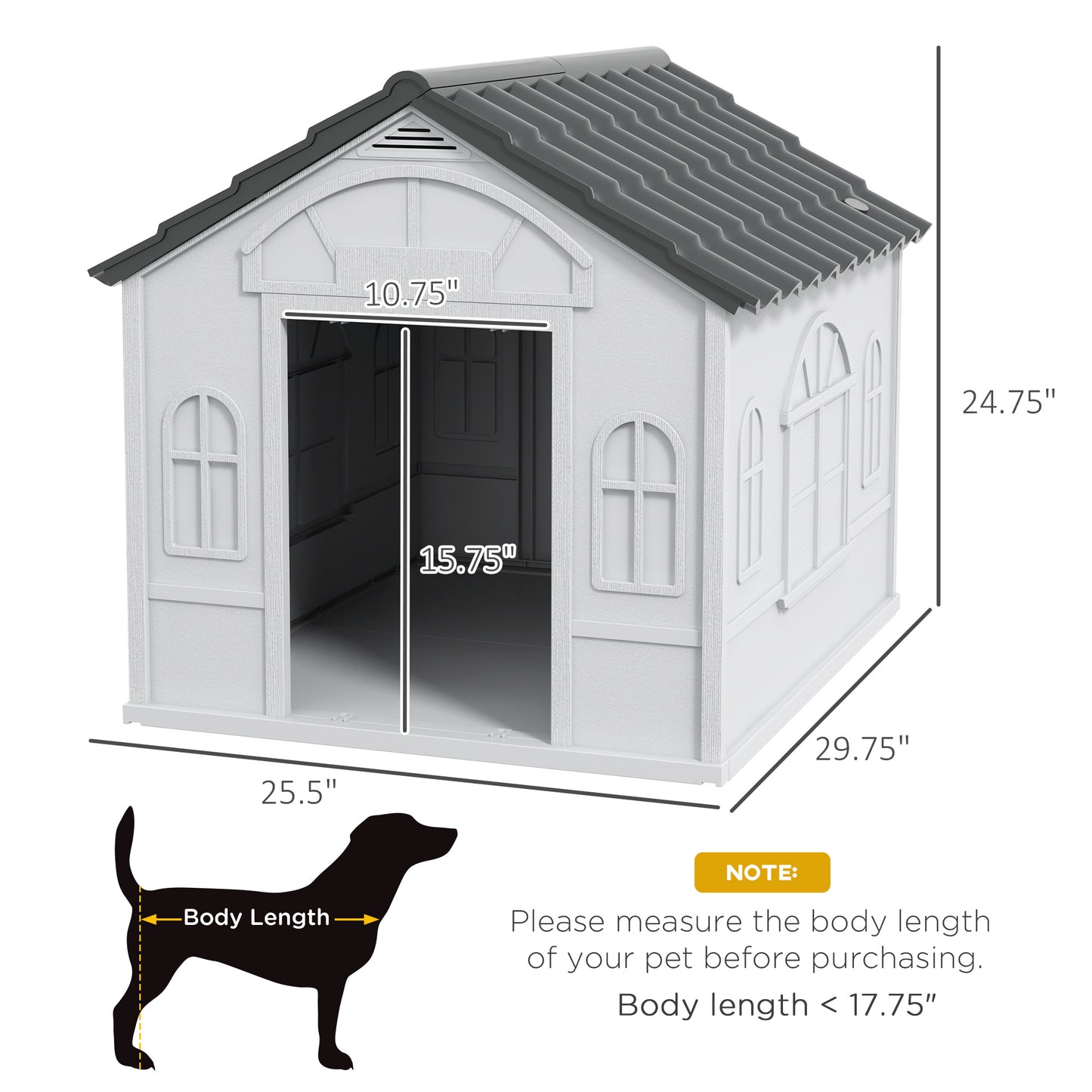 Grey and white outdoor pet cabin with pet body length measurement note