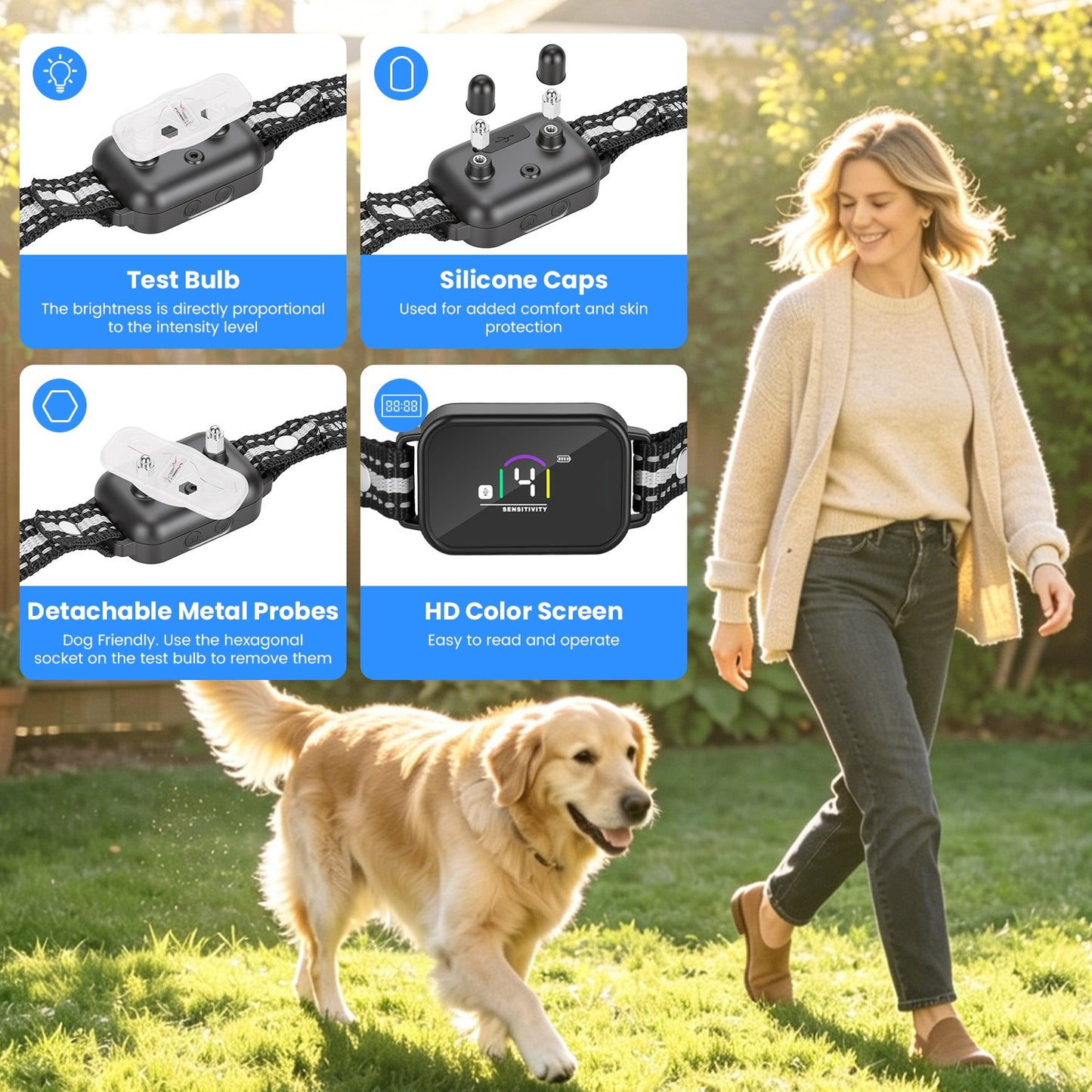 Black smart pet bark device layout highlighting quick snap buckle and security lock