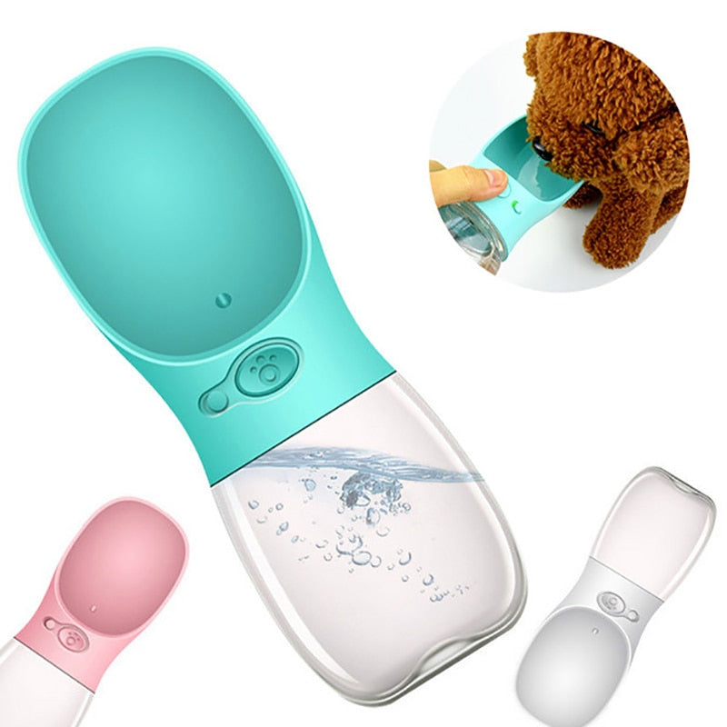 Compact outdoor pet water bottle showing leakproof lock button and clear reservoir