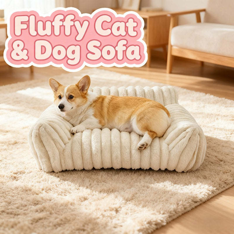 Cream white plush cat couch bed featuring a 10 inch high supportive bolster armrest