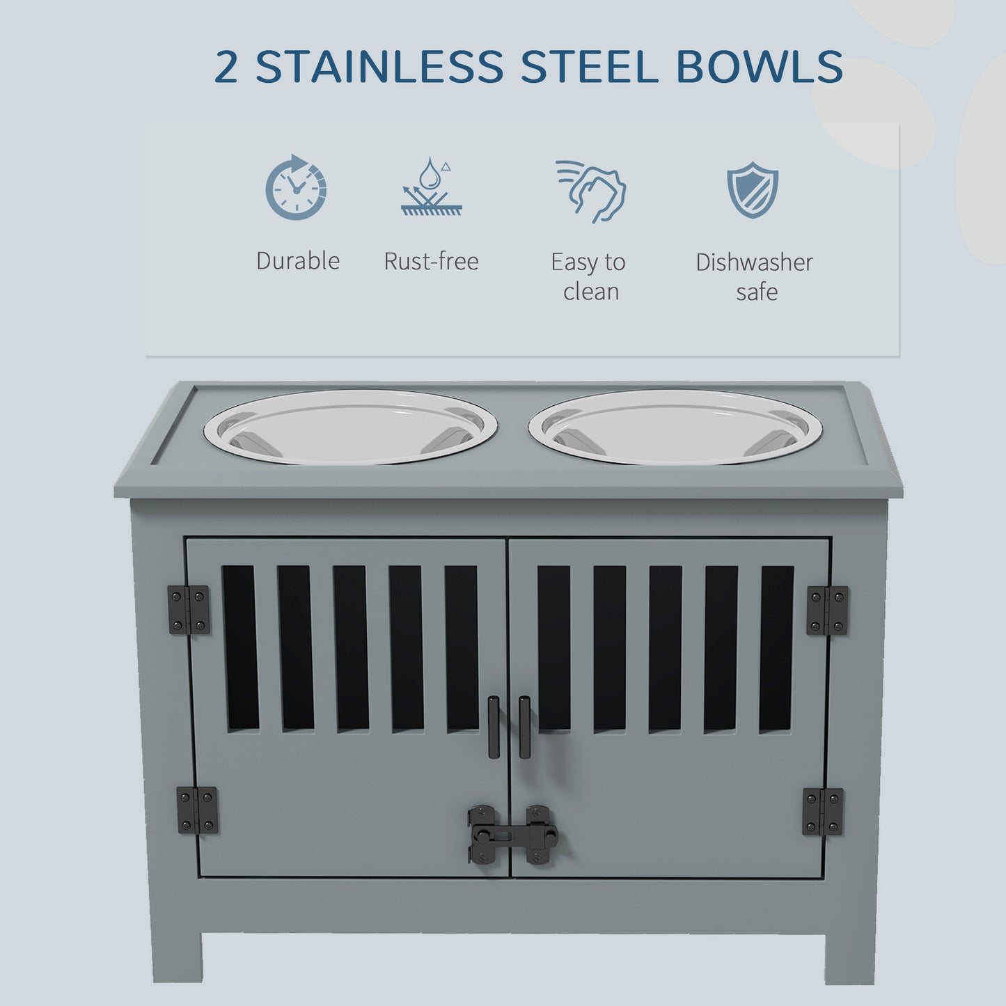 Decorative dog kennel dresser with easy to clean top mounted stainless steel pet bowls