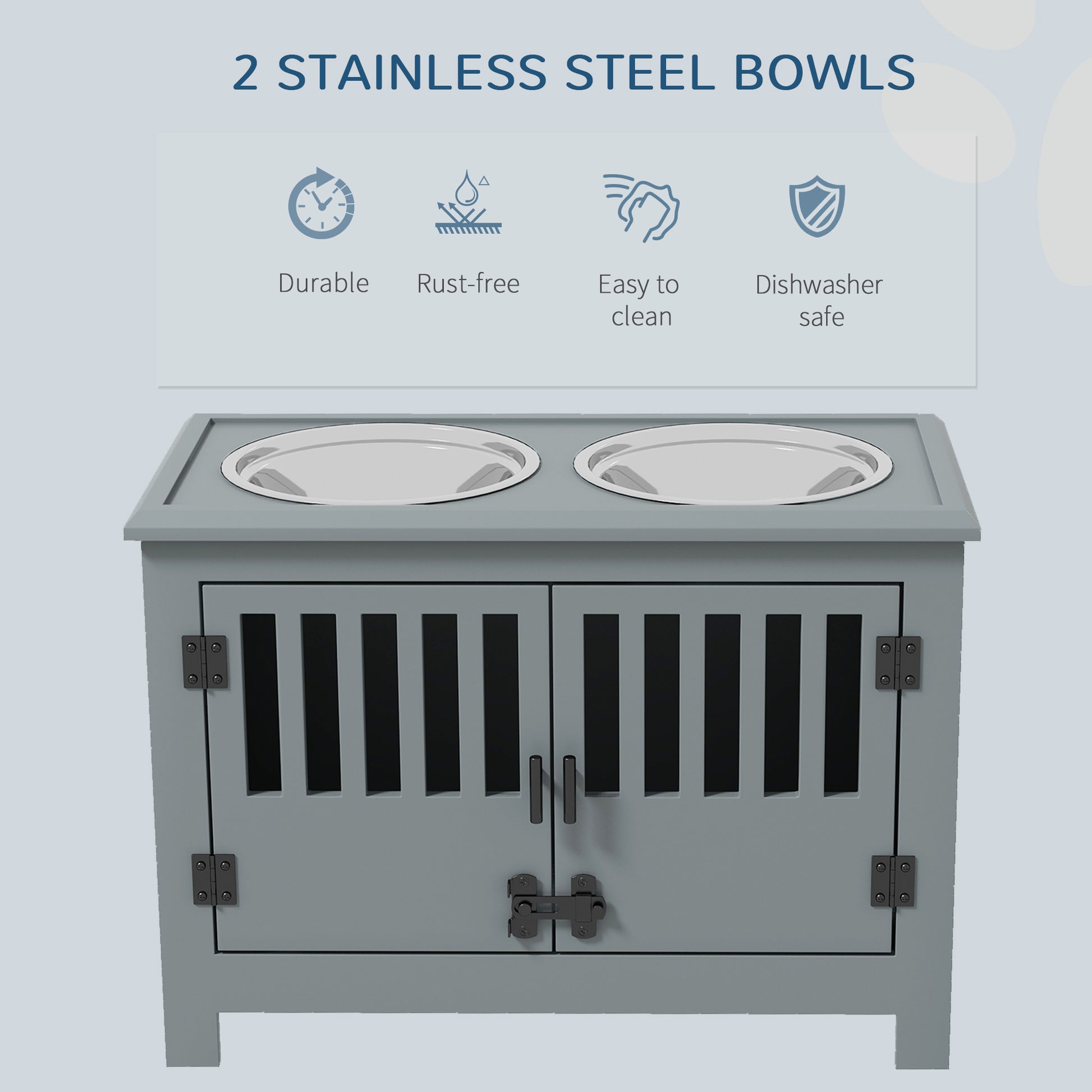 Decorative dog kennel dresser with easy to clean top mounted stainless steel pet bowls