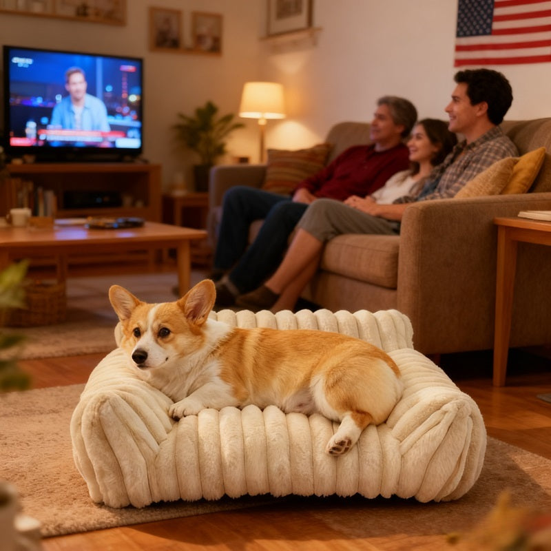 Ergonomic cream white cat lounge bed with a plush ribbed fleece sleeping surface