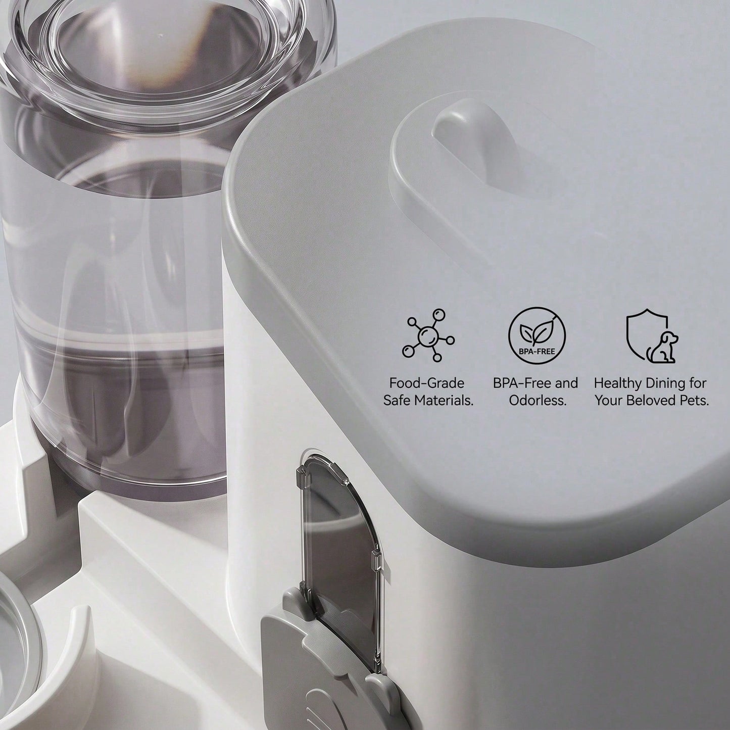 Smart gravity pet feeder sizing guide showing 25x22x23cm measurements for USA