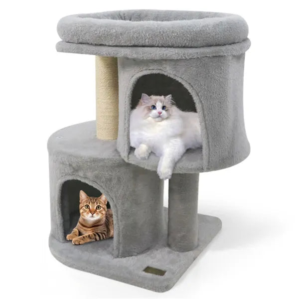 Grey plush cat tree with double condo houses featuring a tabby cat and a white fluffy Ragdoll cat