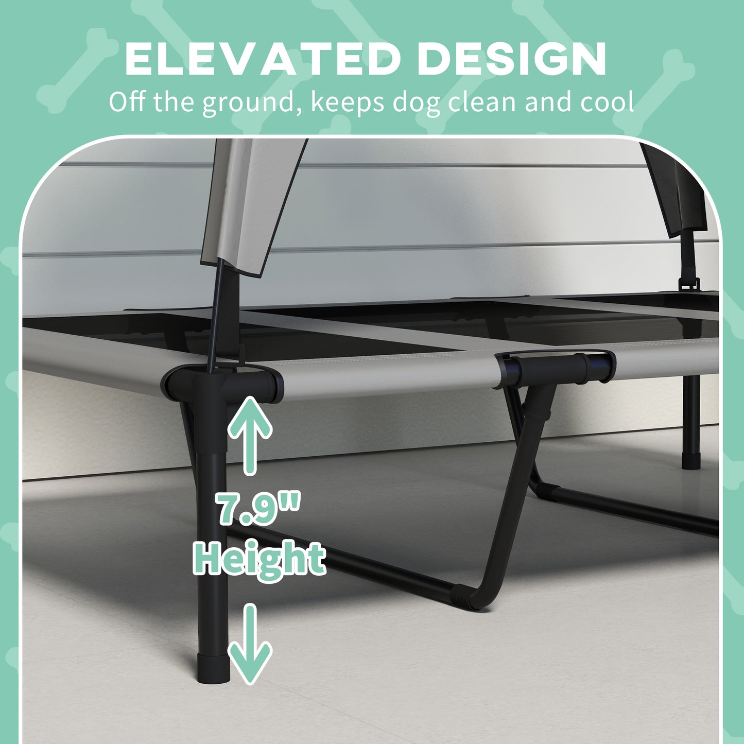 Grey portable elevated pet tent bed with supportive center metal leg structure