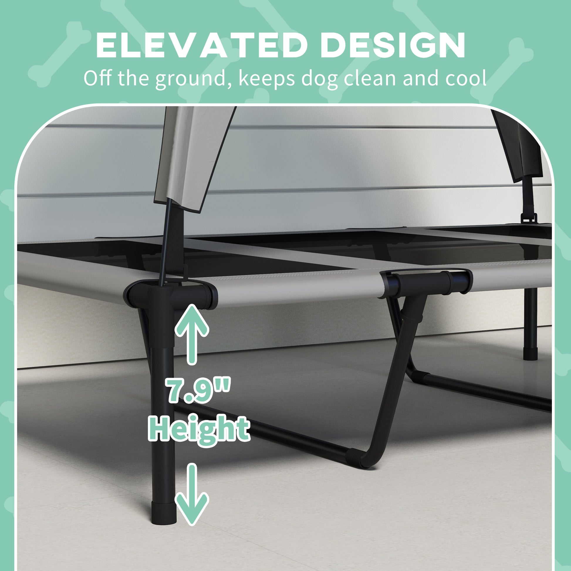 Grey portable elevated pet tent bed with supportive center metal leg structure