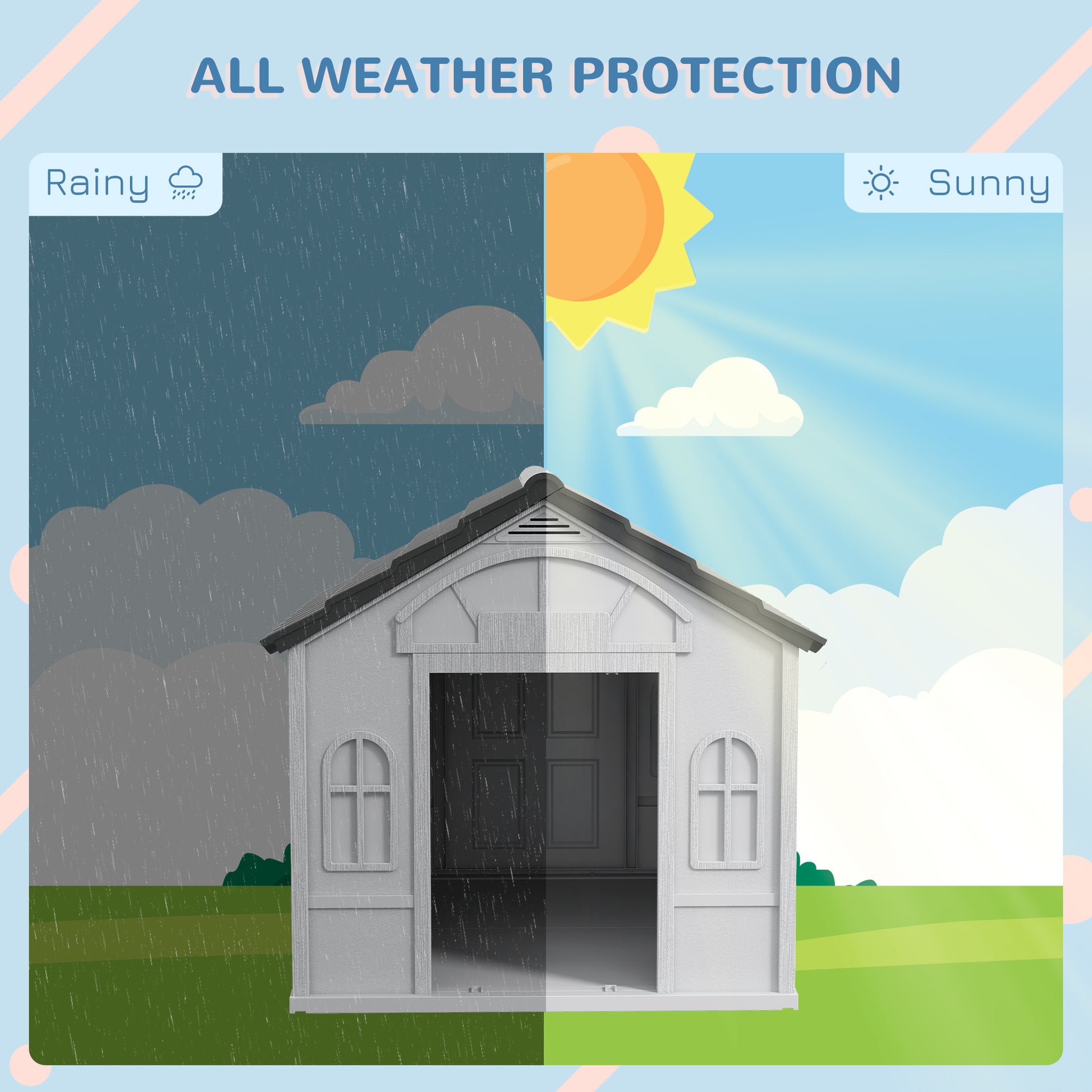 Weatherproof plastic puppy shelter with side windows showing internal sizing guide