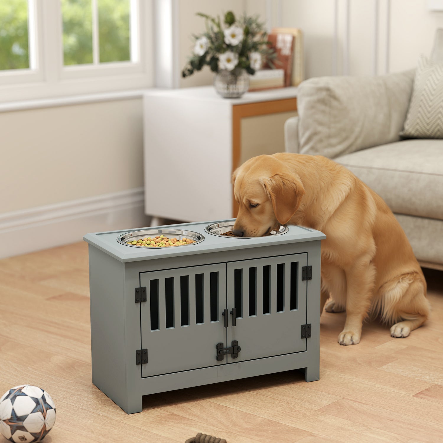 Grey wooden dog kennel furniture with two integrated stainless steel bowls on top