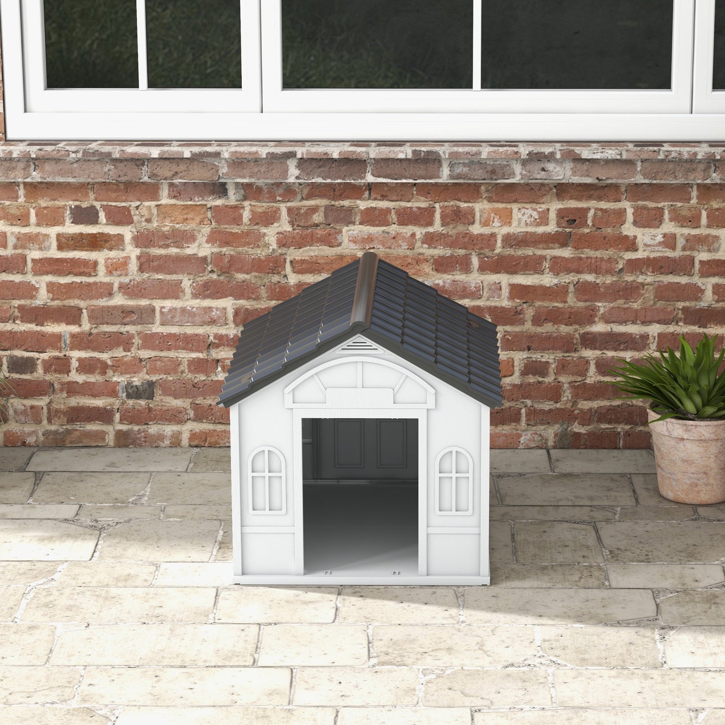 Heavy duty resin dog kennel displaying overall height of 24.75 inches