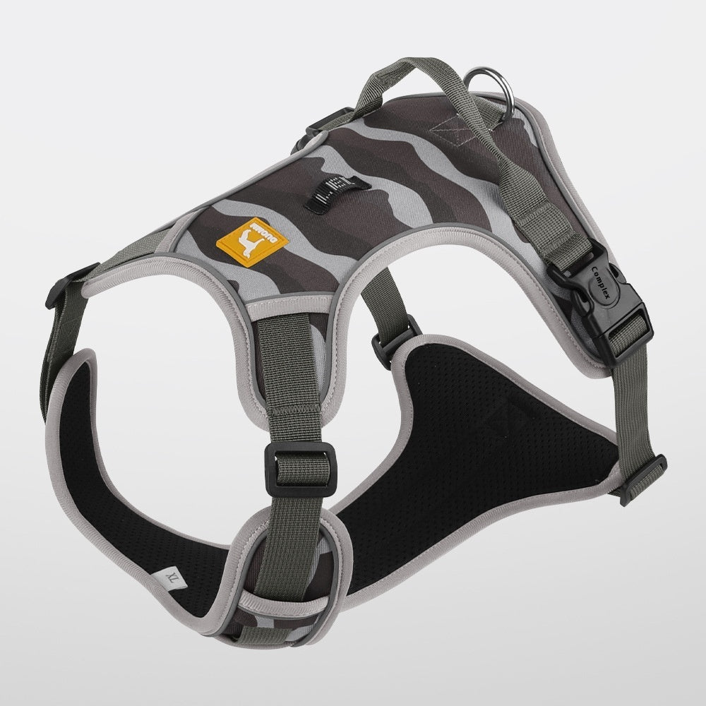 Reflective tactical style dog harness detailing quick release locking fasteners