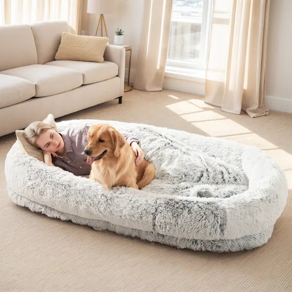 Anti anxiety human dog bed bundle showcasing removable washable blanket and travel strap