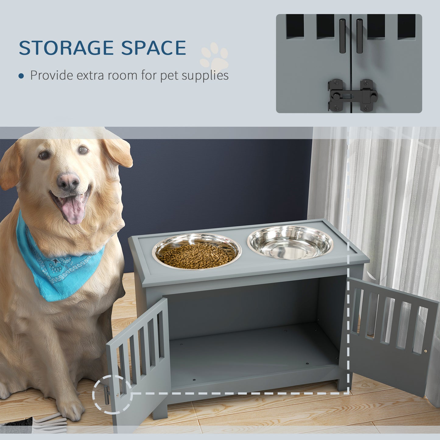 Indoor wooden pet crate end table featuring rust-free dishwasher safe dog bowls