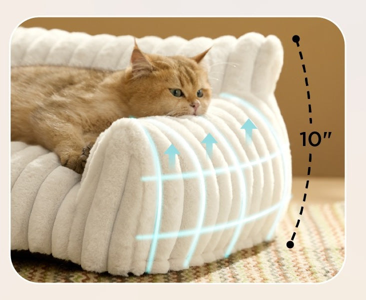 Luxury orthopedic cat bed lounger showing thick ribbed faux fur fabric cushioning