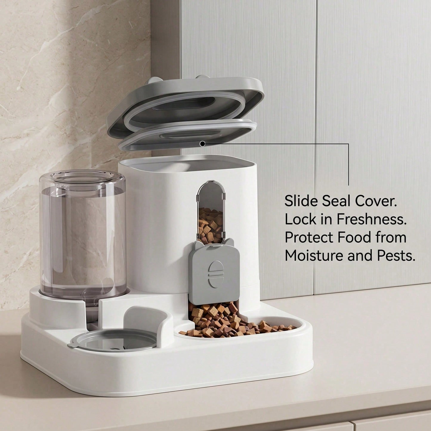Compact kitten food dispenser and water fountain sizing chart with measurements