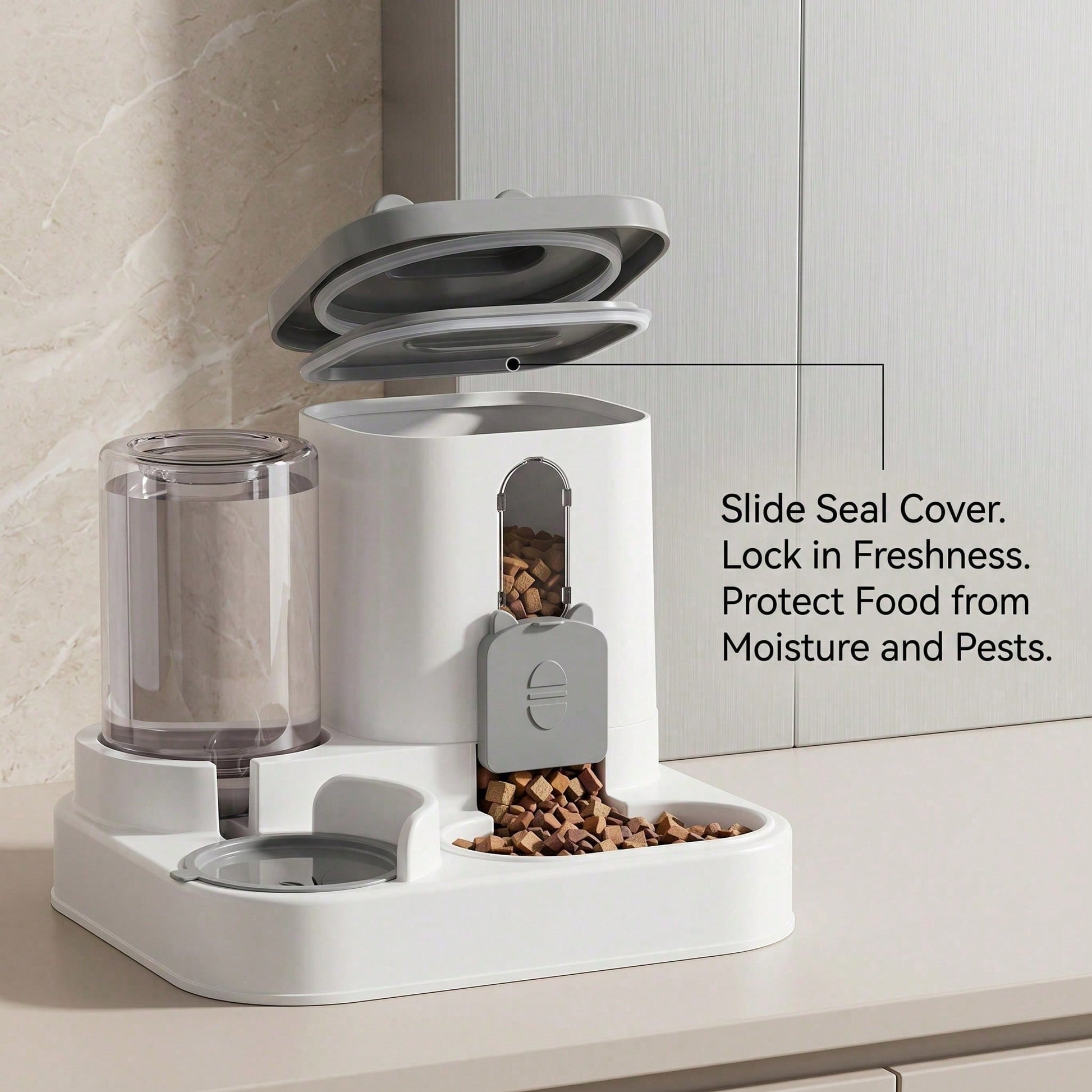 Compact kitten food dispenser and water fountain sizing chart with measurements