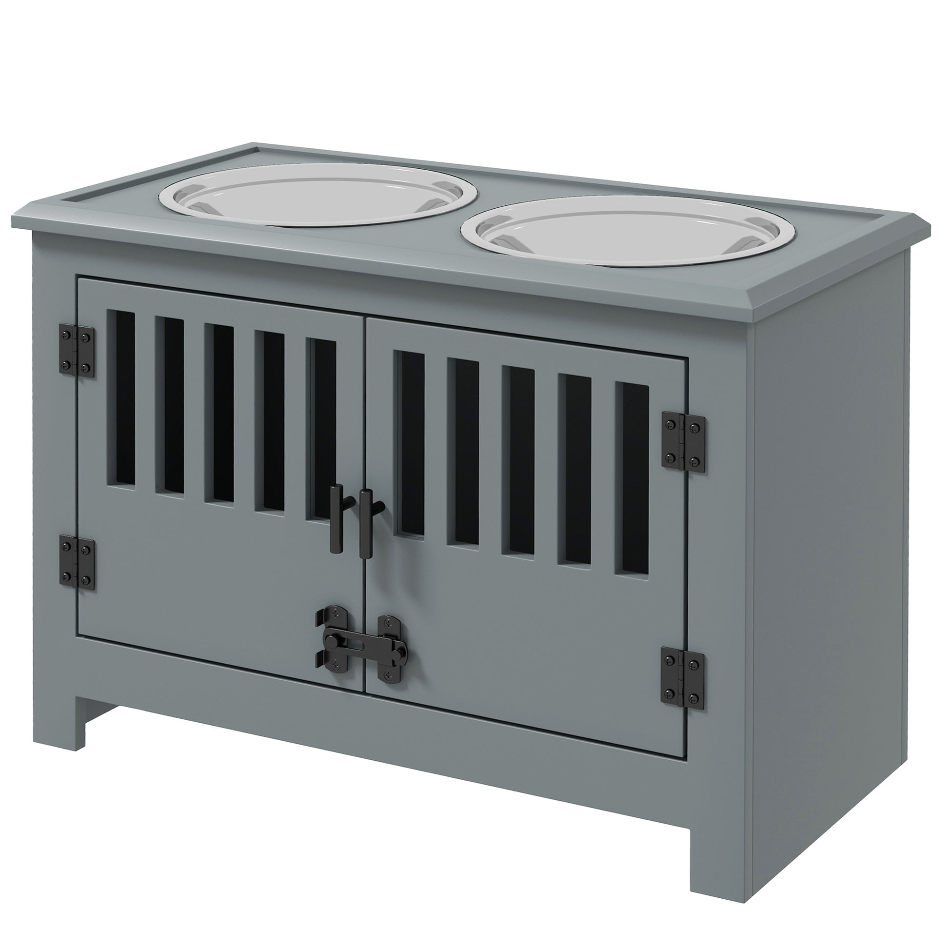 Multi-functional wooden dog crate feeding station finished in stylish minimalist grey