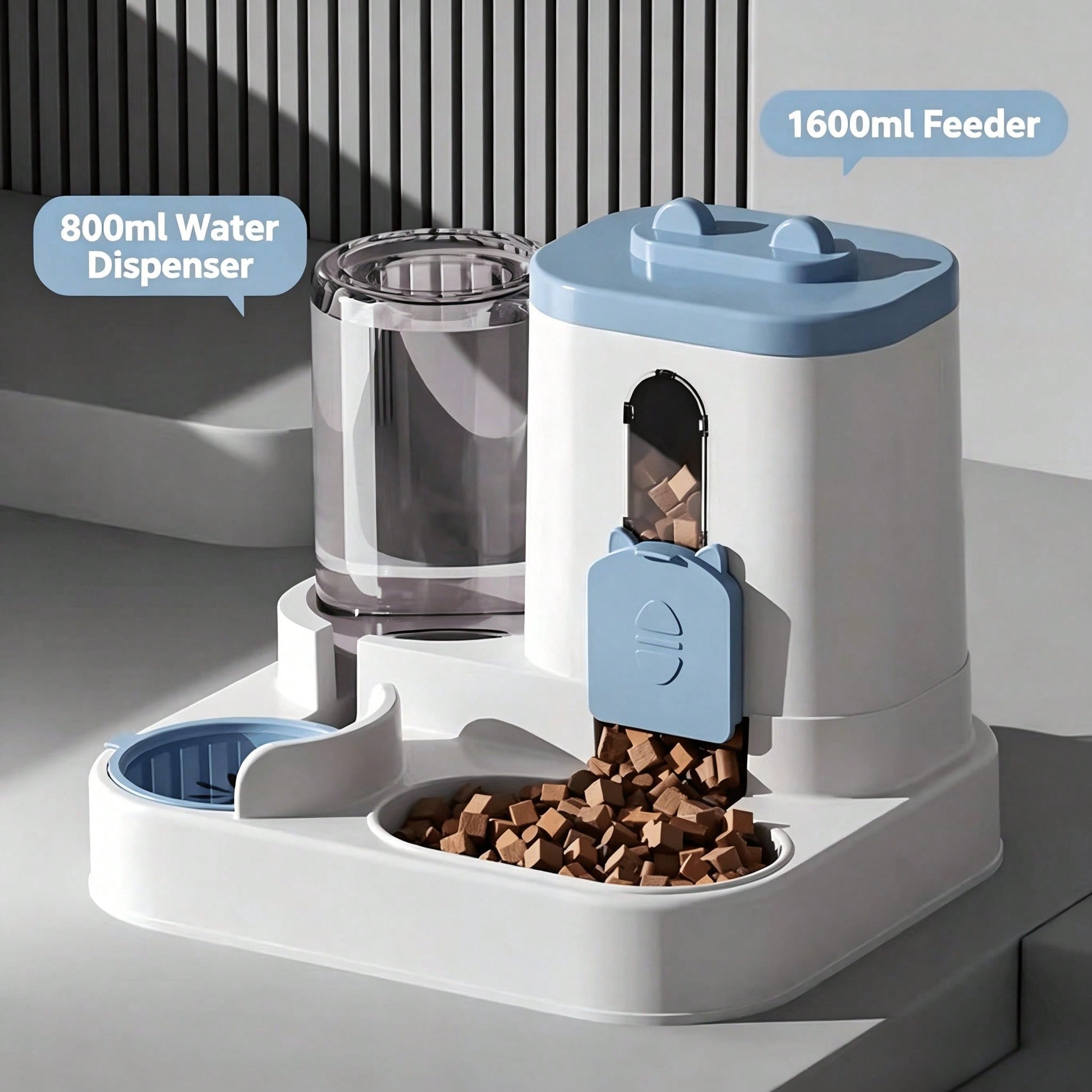 Modern plastic pet feeding station with integrated 800ml water tank specifications