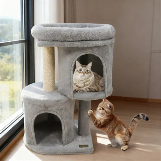 Multi-level cat condo tower with deep padded top perch bed and durable sisal scratching post