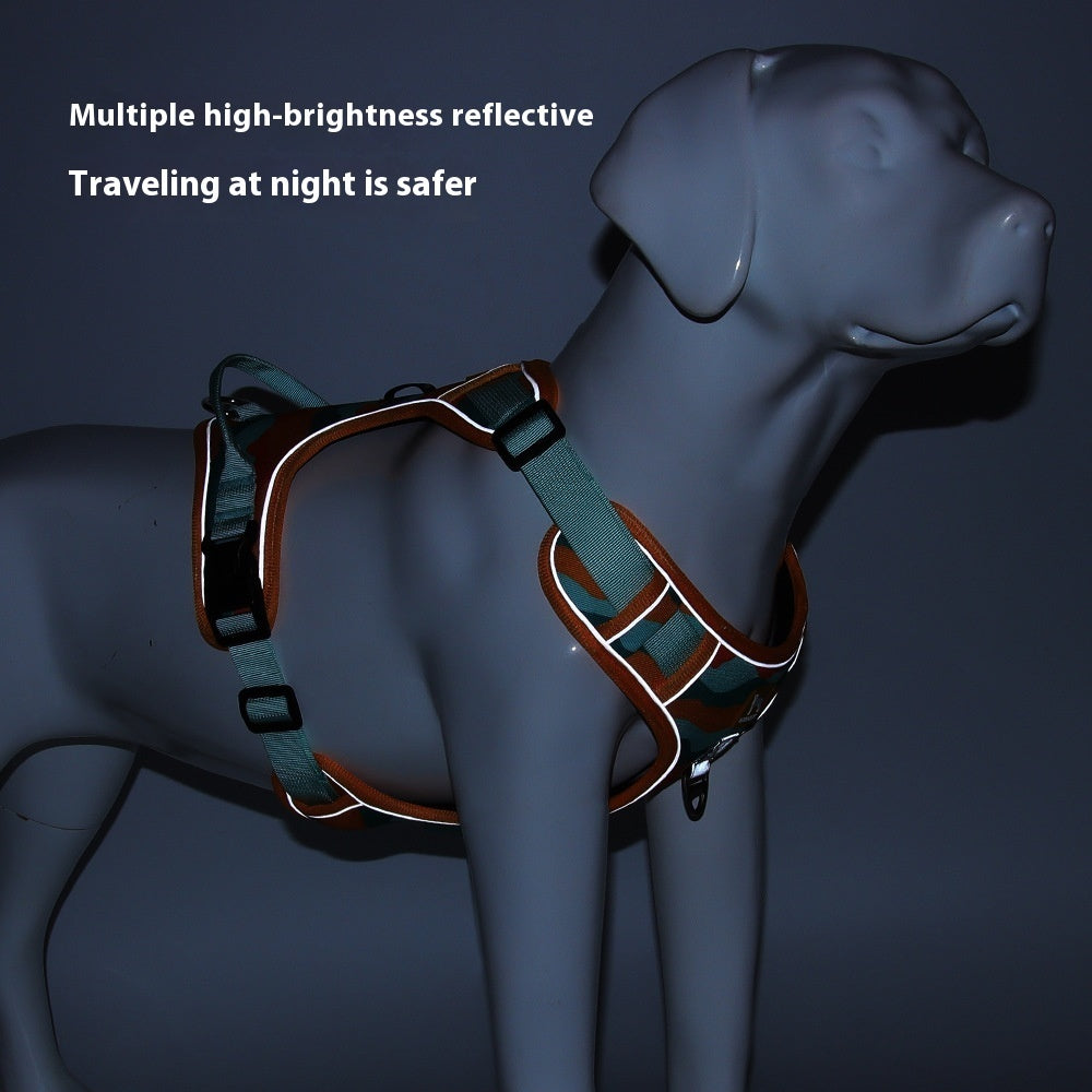 Adjustable multi-point pet walking harness with reinforced leash attachment ring