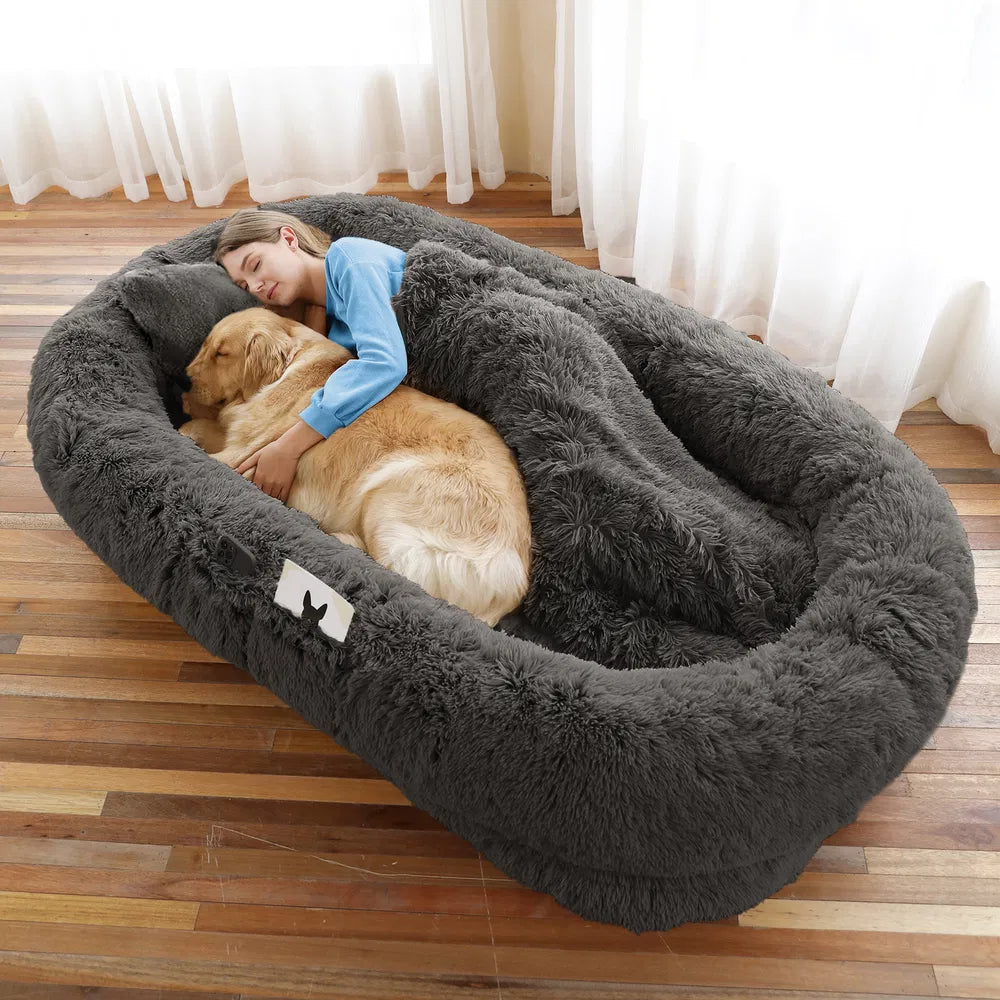 Luxury plush human dog bed set including matching soft blanket and plump throw pillow