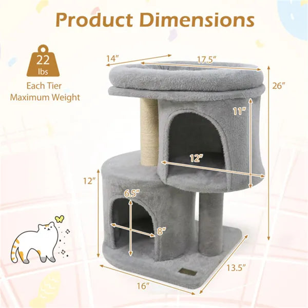 Compact grey carpeted cat tree furniture tower with dual cave houses for multi-cat homes