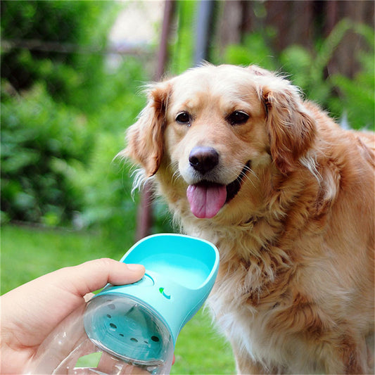 Portable dog water bottle dispenser in teal white and pink color variations