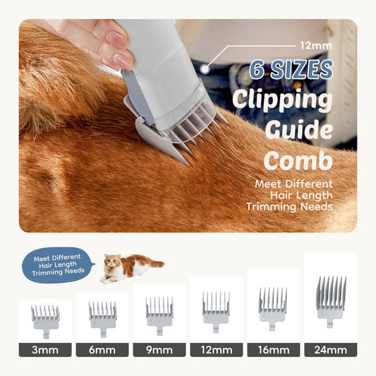 Professional dog hair vacuum groomer tool highlighting a 2.5 liter clear pet dander container