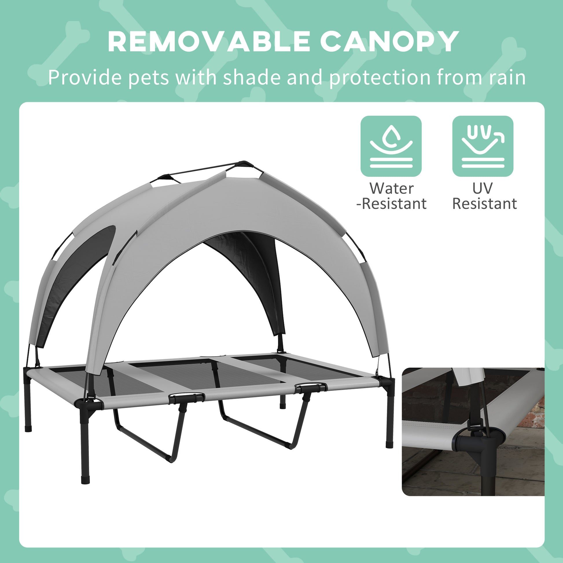 Raised cooling canine cot with overhead shade canopy measuring 41.7 inches long