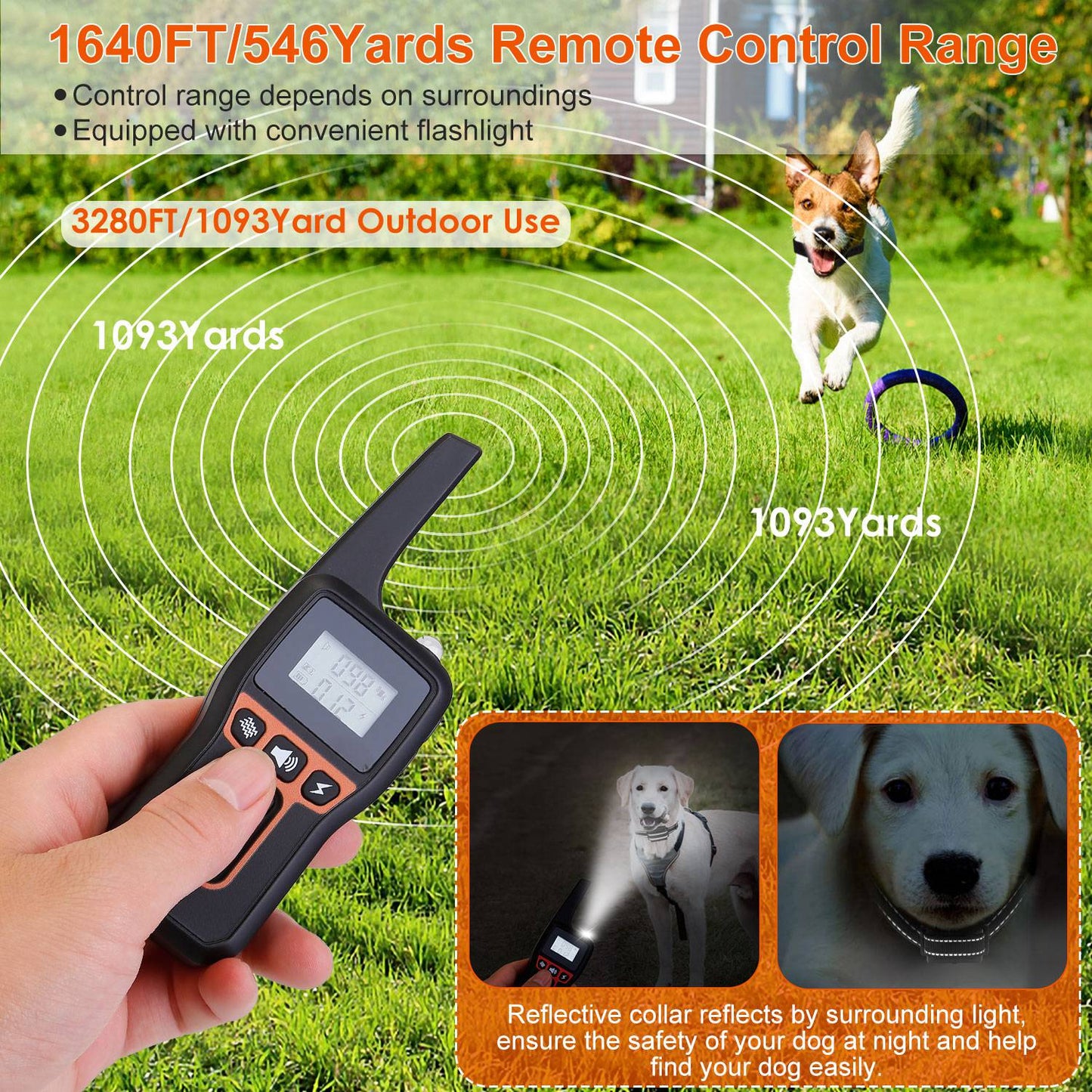 Orange and black nylon remote pet training collar with dual channel selection
