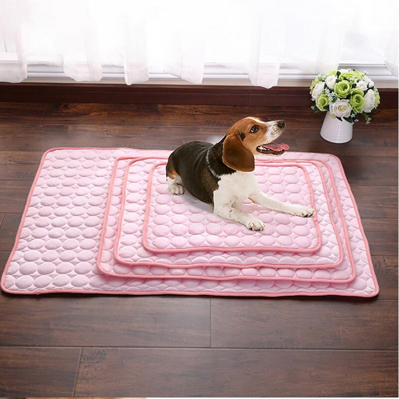 Self-cooling pet mat for dogs and cats available in pink, grey, and brown colors