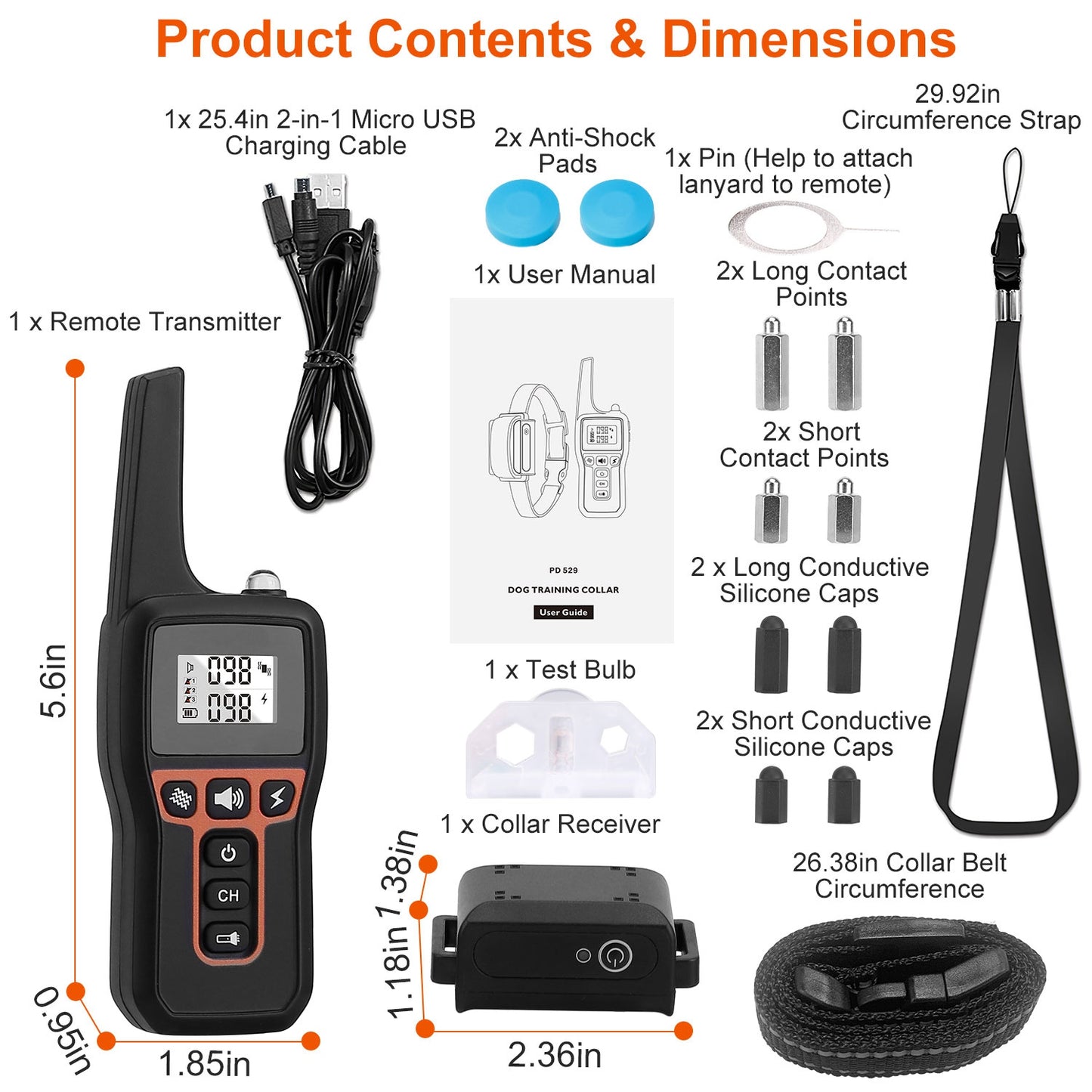 Shock collar for dog training showing digital battery indicator and signal strength