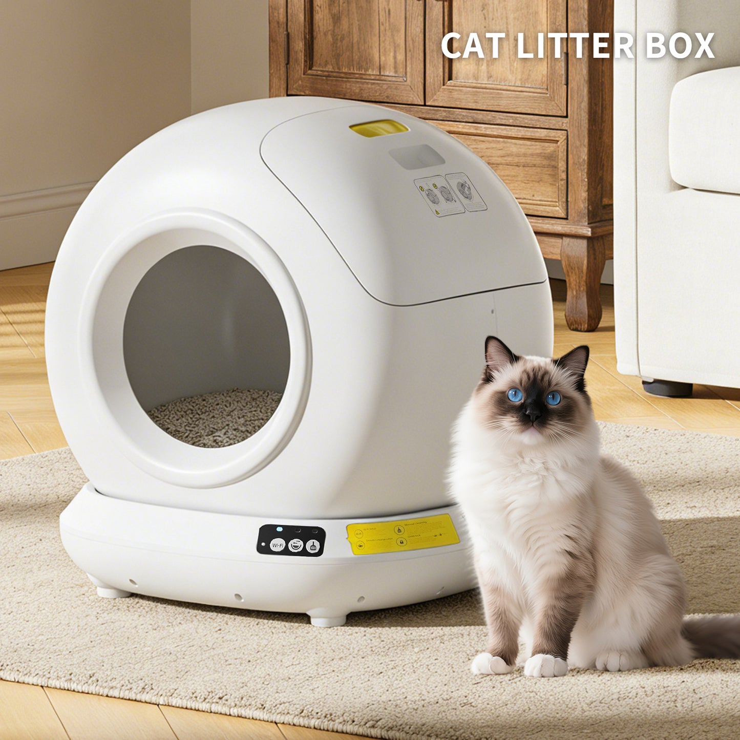 Smart self-cleaning automatic cat litter box displaying mobile app data tracking interface