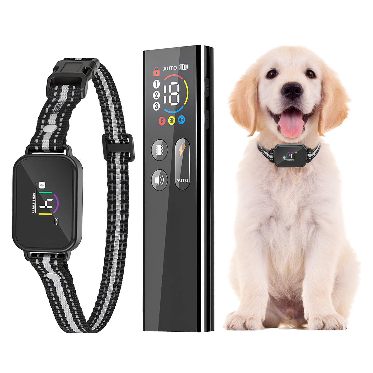 Smart automatic dog bark collar with a sleek black remote transmitter and digital screen
