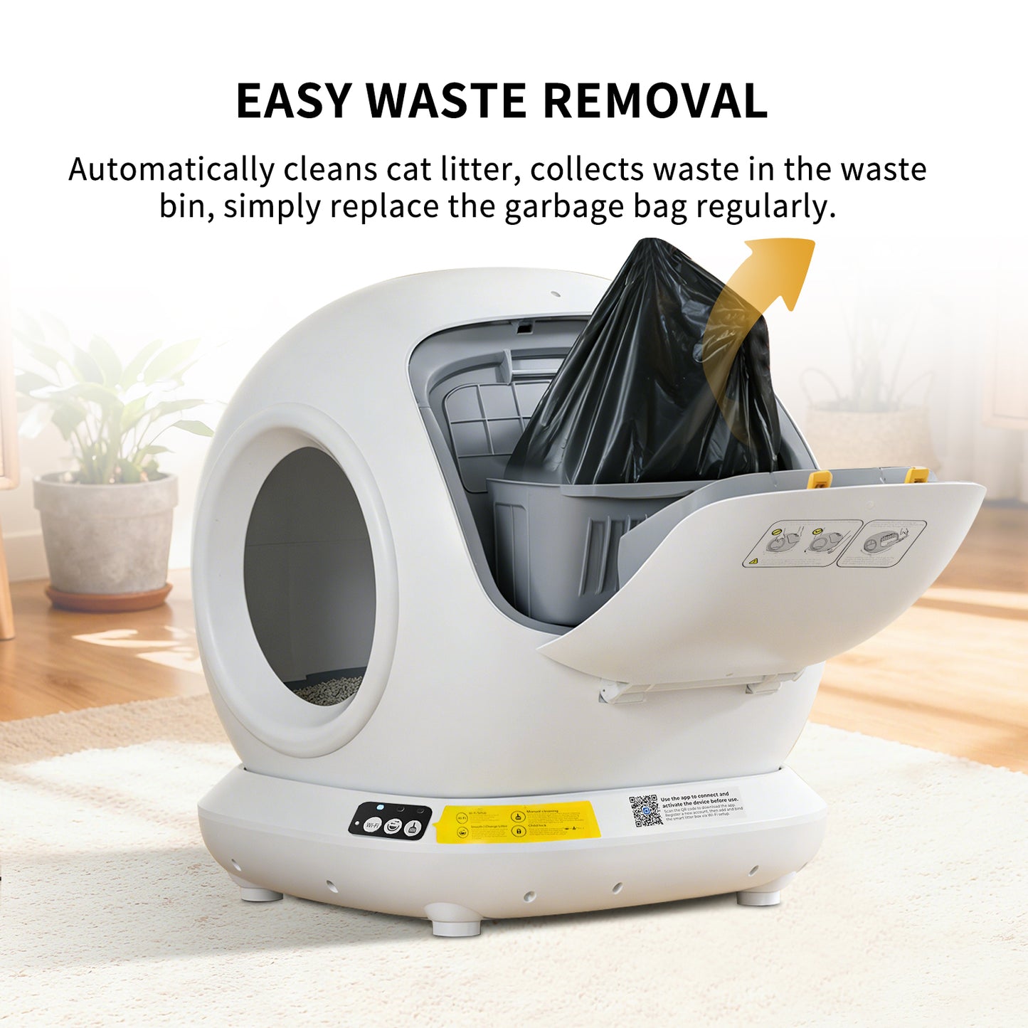 Odor controlling automatic litter box box with safety sensors and health analytics data