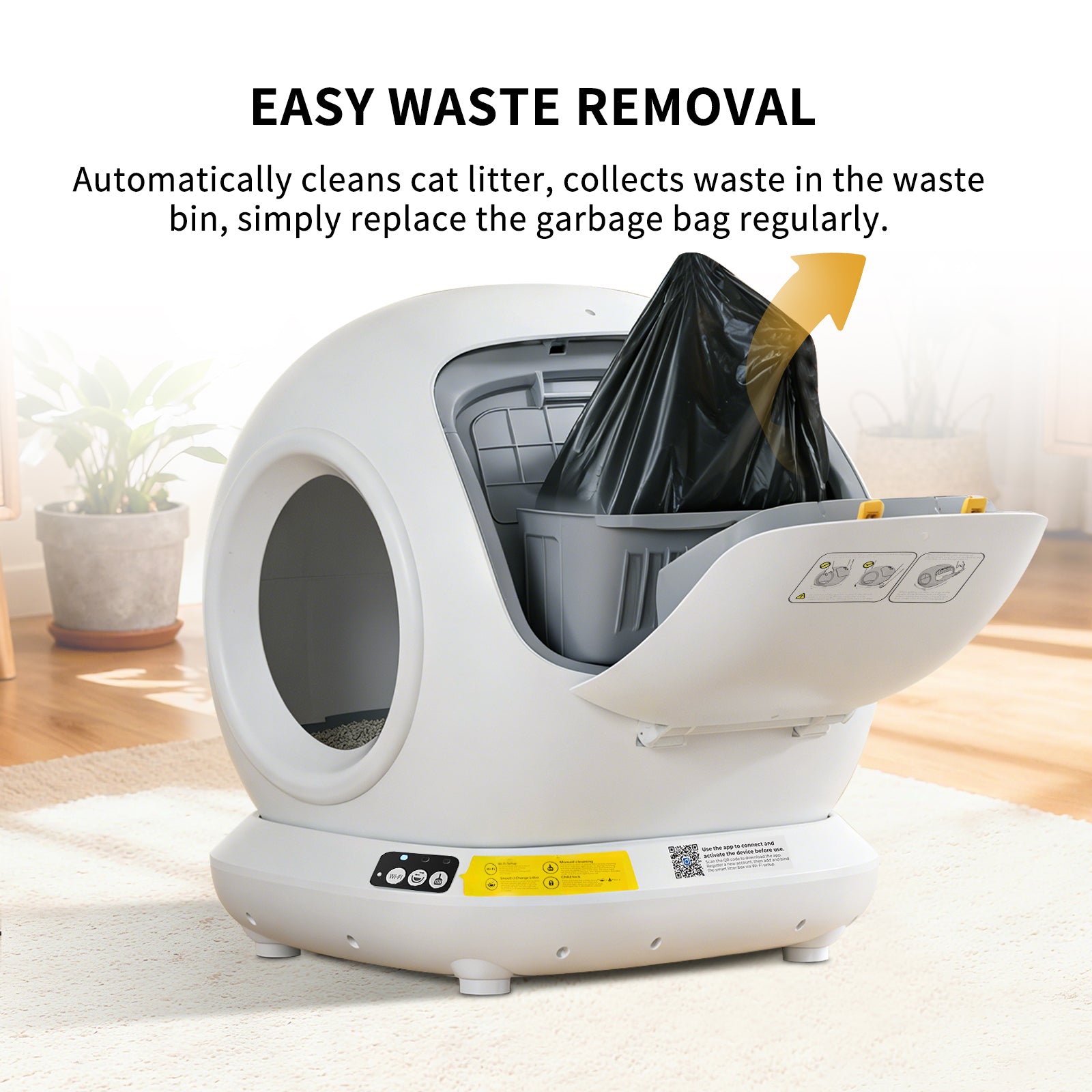 Odor controlling automatic litter box box with safety sensors and health analytics data
