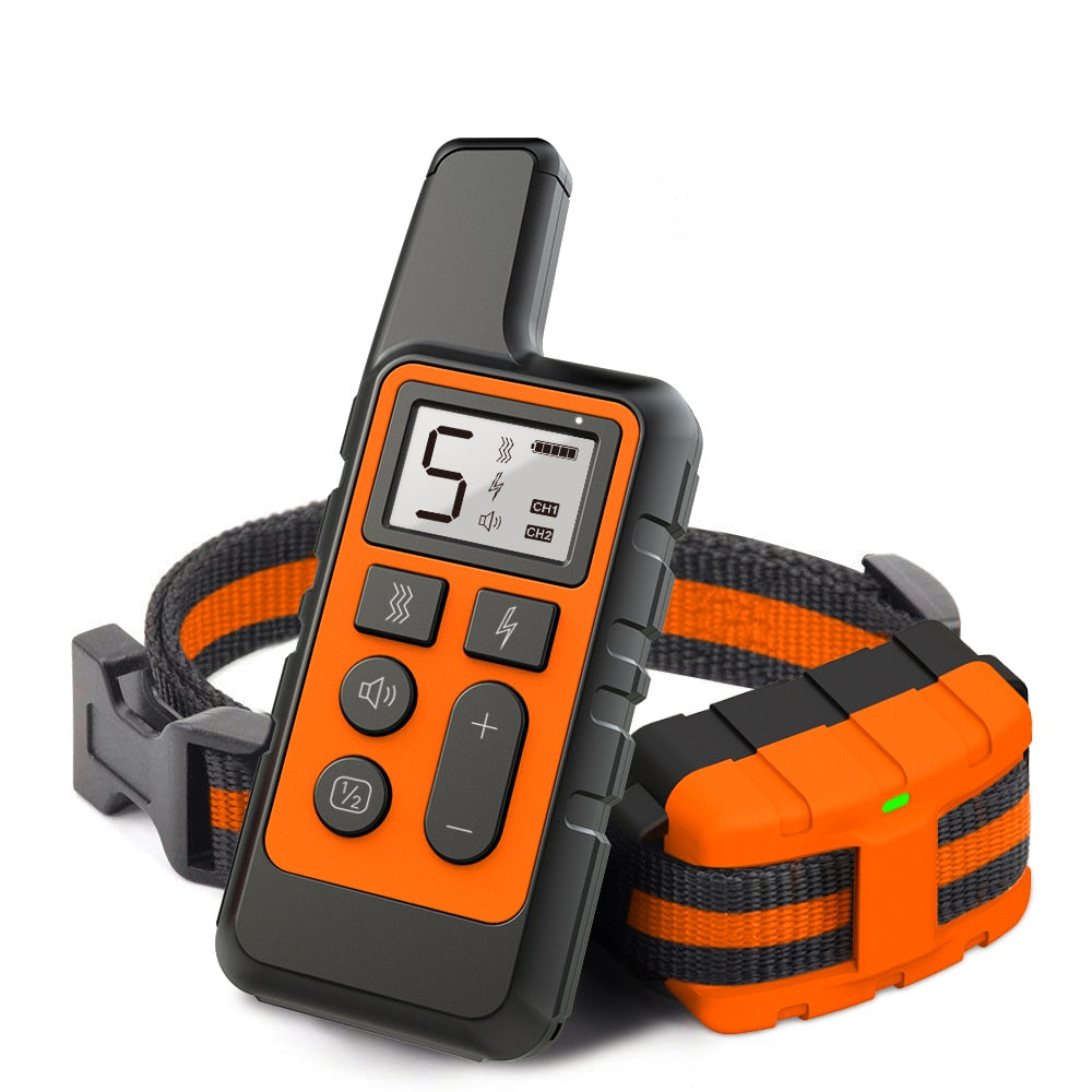 Smart dog training collar with orange remote transmitter and digital LCD display.