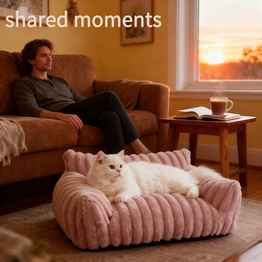 Orange tabby cat resting its head comfortably on a premium cream white pet couch