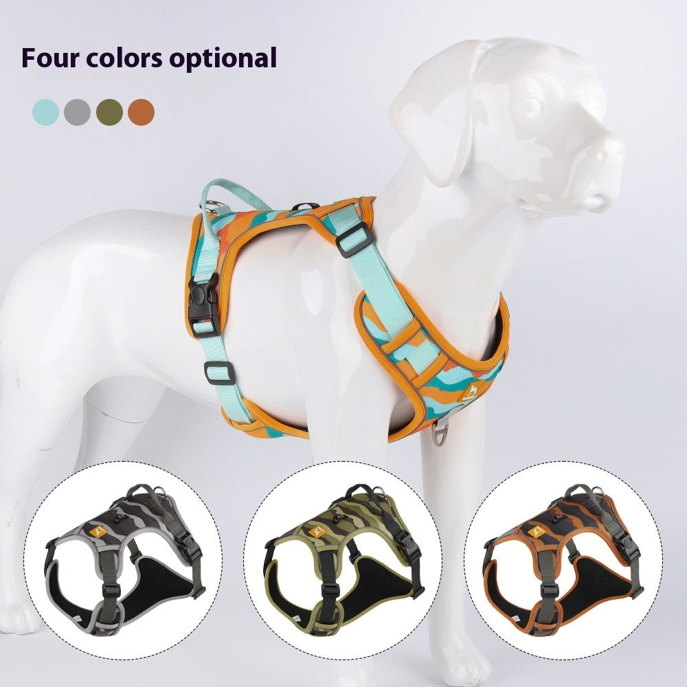 Teal and orange camouflage pattern dog harness with four-point adjustable design