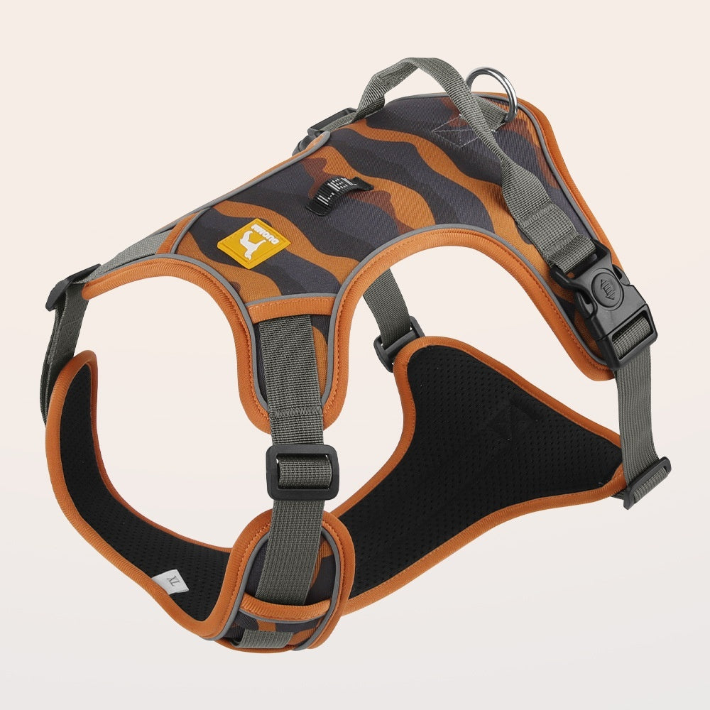 Durable escape proof dog harness showing thickened metal traction D-ring
