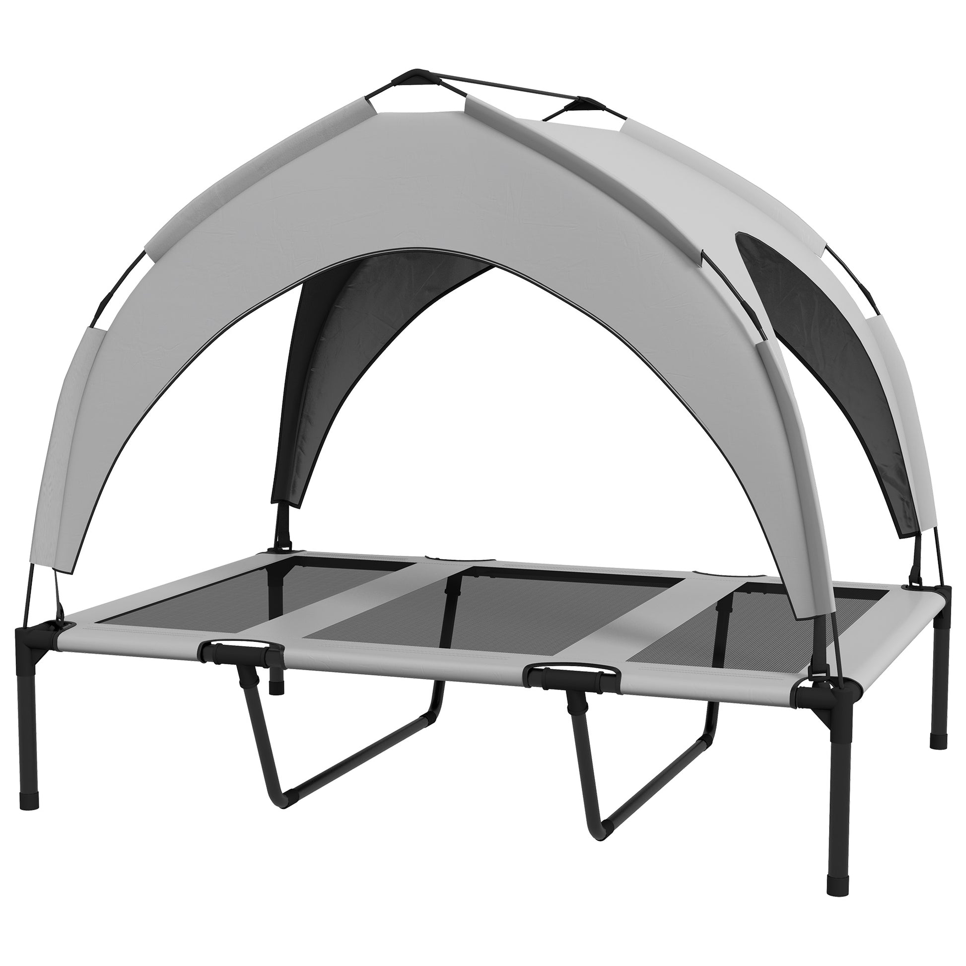 Travel friendly raised dog bed tent featuring breathable mesh ventilation panels