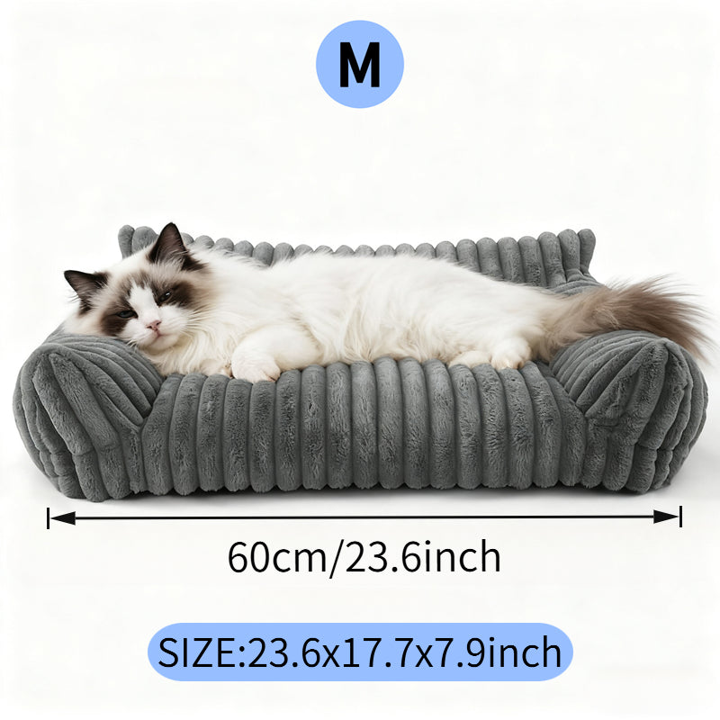 Washable faux fur cat couch highlighting supportive structure and height dimensions