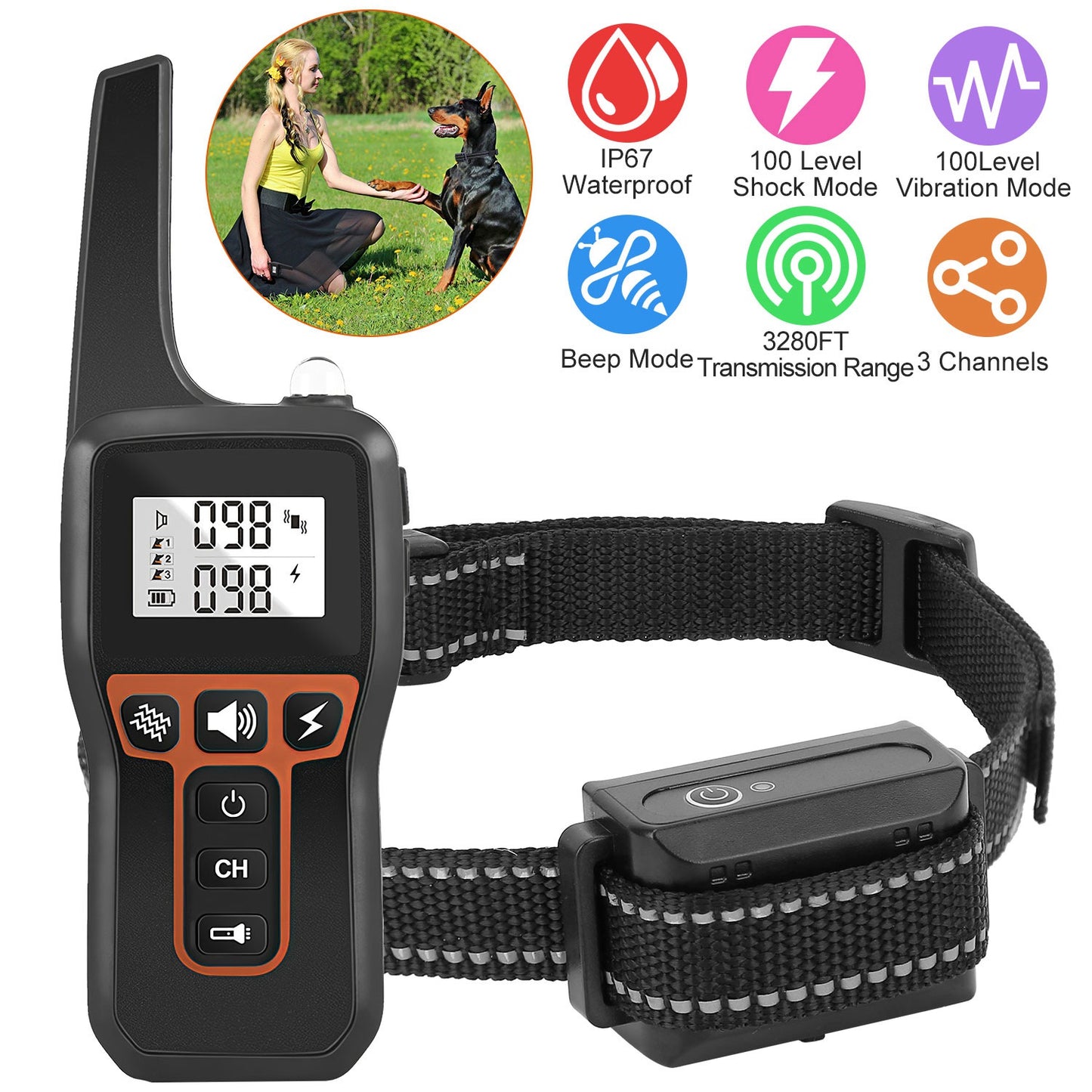 Waterproof electronic e-collar for dogs featuring vibration, shock, and beep modes.