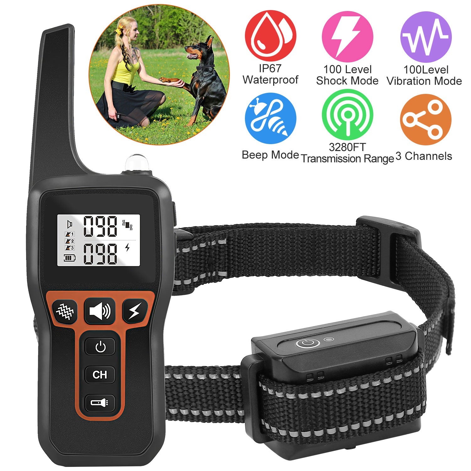 Waterproof electronic e-collar for dogs featuring vibration, shock, and beep modes.