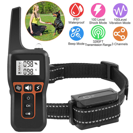 Waterproof electronic e-collar for dogs featuring vibration, shock, and beep modes.